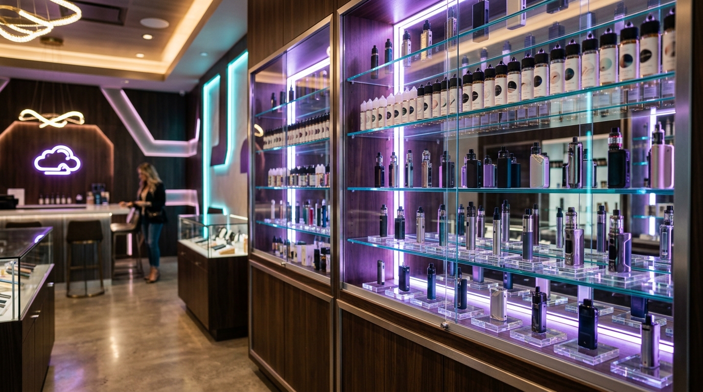 Vape display racks at Vape Time JFK Houston TX